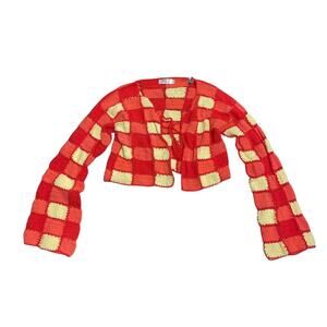 Wild Orange Tree Handmade Gingham Cropped Crochet Cardigan Retro Boho Coachella